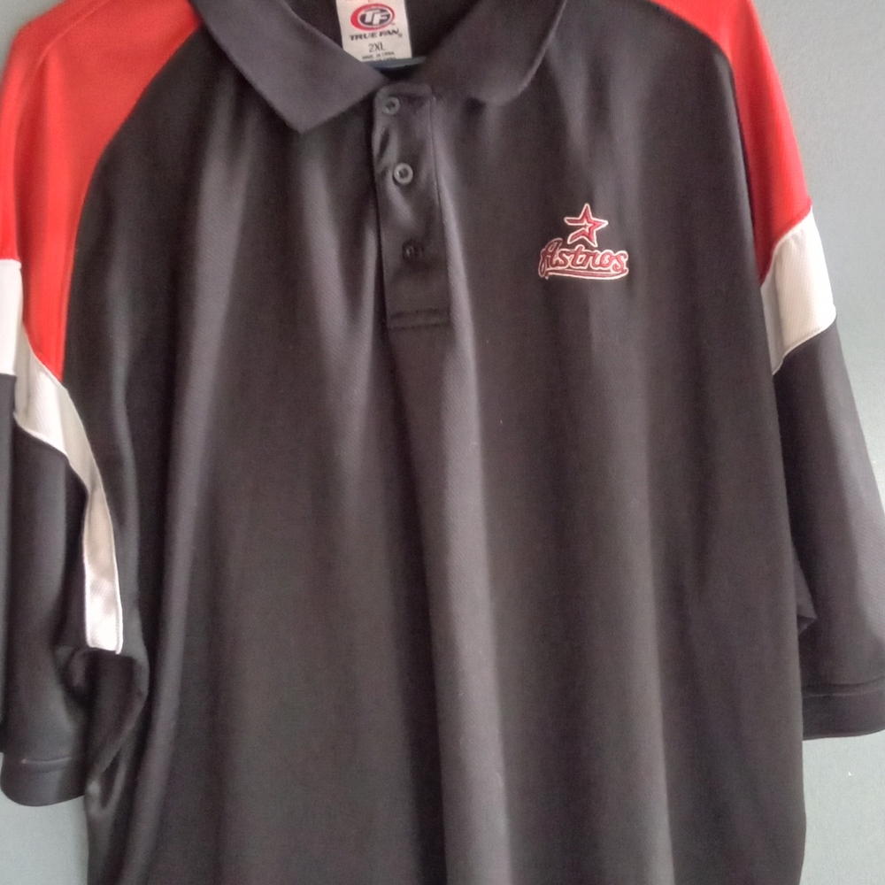 True Fan Houston Astros MLB Polo Shirt Men 2XL Black Red Colorblock Short Sleeve